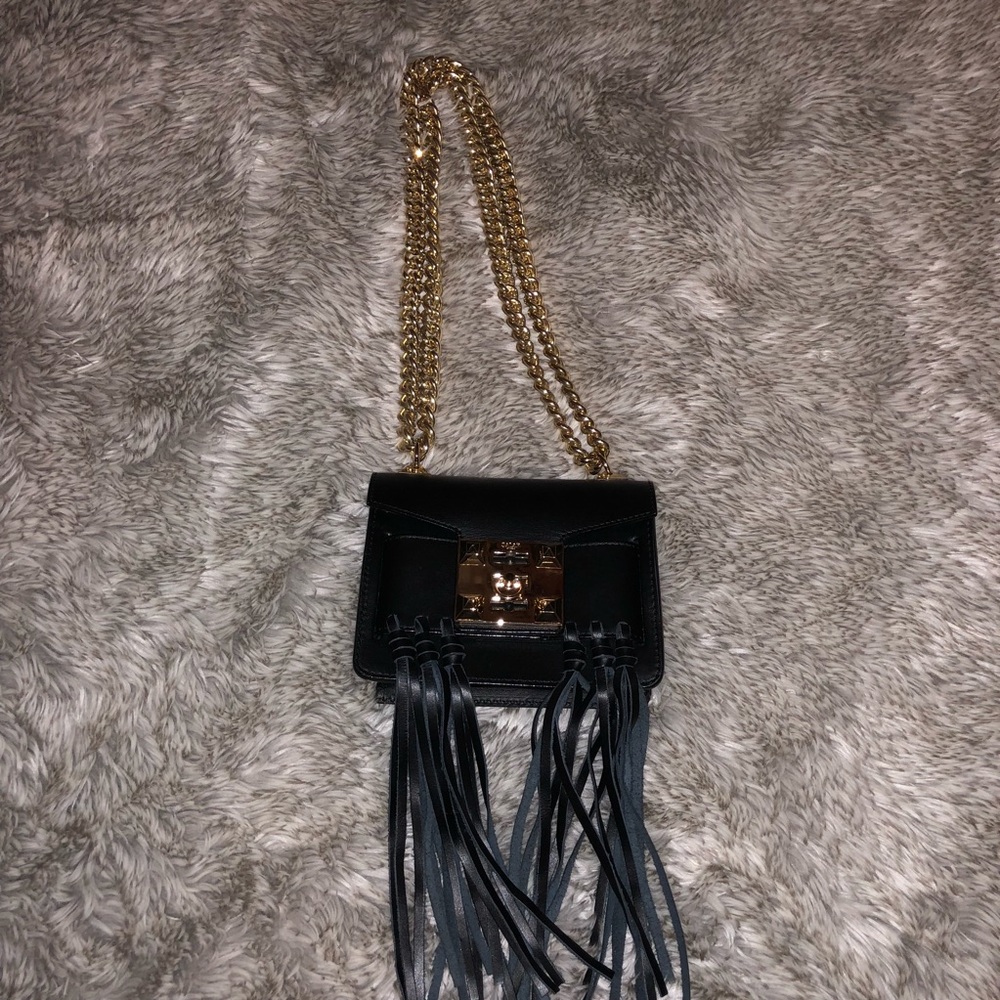 SALAR Gaia Knot Blk Leather Shoulder Bag w/Fringe